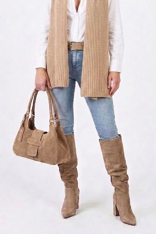 Dress custom-made formal knee-high boots in tan beige leather with high block heels and pointed toe- Top view